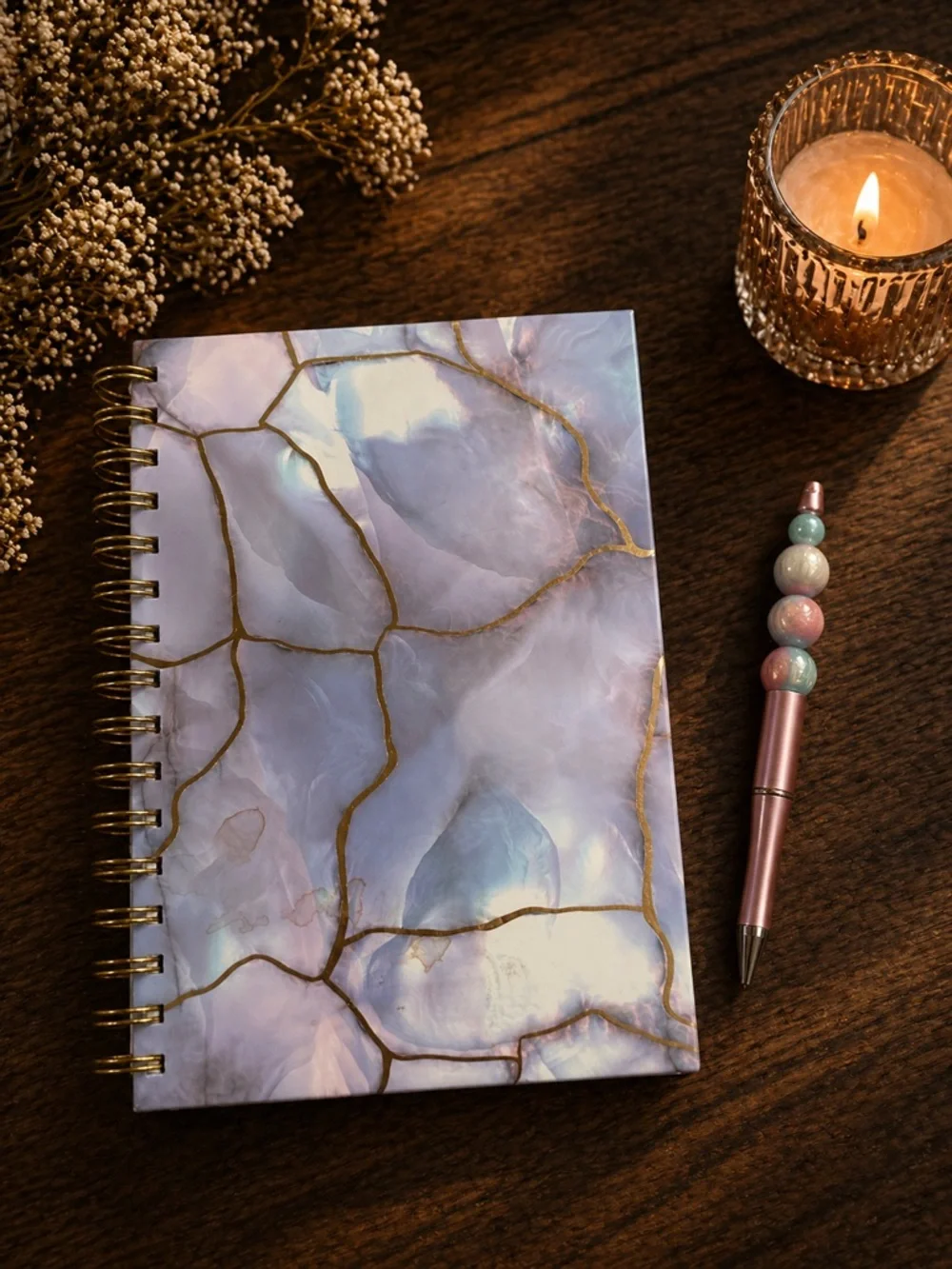 Beautiful handmade beaded pen with marbled Journal  hardcover Notebook